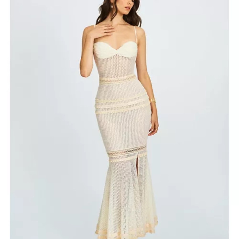Women's Pallas Beige Lace Trim Crochet Mermaid Maxi Dress - Picture 3 of 10